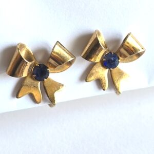 Vintage bow earrings blue gem gold tone metal screwback retro dainty